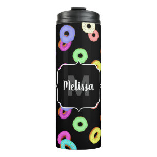 Cool fun colourful doughnuts pattern black Monogra Thermal Tumbler