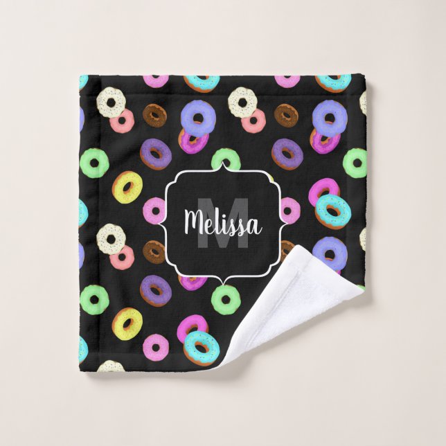 Cool fun colourful doughnuts pattern black Monogra Wash Cloth (Wash Cloth)