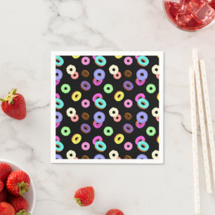 Cool fun colourful doughnuts pattern black napkin