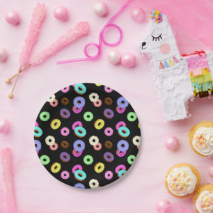 Cool fun colourful doughnuts pattern black paper plate