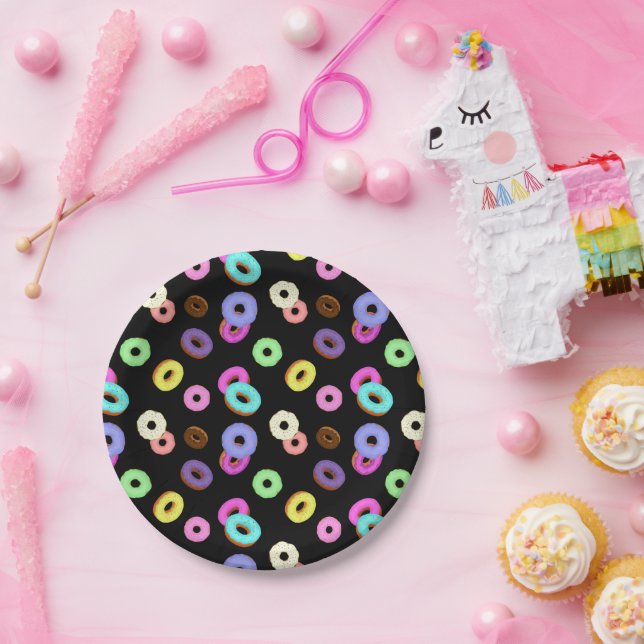 Cool fun colourful doughnuts pattern black paper plate (Party)