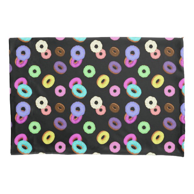 Cool fun colourful doughnuts pattern black pillowcase (Front)