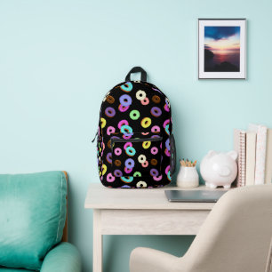 Cool fun colourful doughnuts pattern black printed backpack