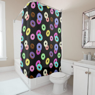 Cool fun colourful doughnuts pattern black shower curtain