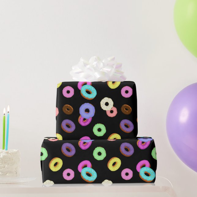 Cool fun colourful doughnuts pattern black wrapping paper (Party Gifts)