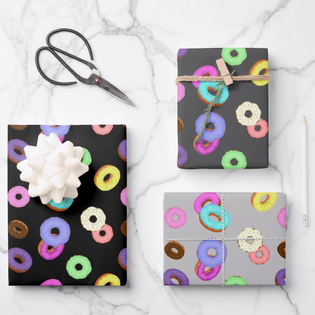 Cool fun colourful doughnuts pattern black wrapping paper sheet (Front)