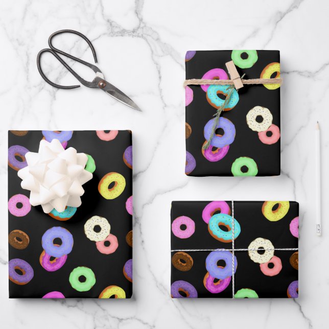 Cool fun colourful doughnuts pattern black wrapping paper sheet (Front)