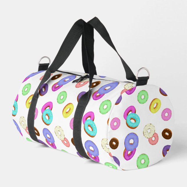 Cool fun colourful doughnuts pattern white duffle bag (Left Corner)