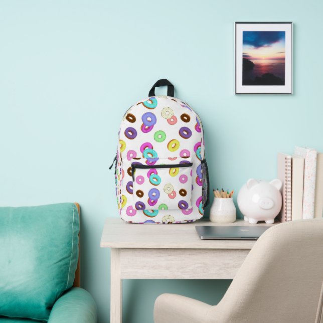 Cool fun colourful doughnuts pattern white printed backpack (Insitu)