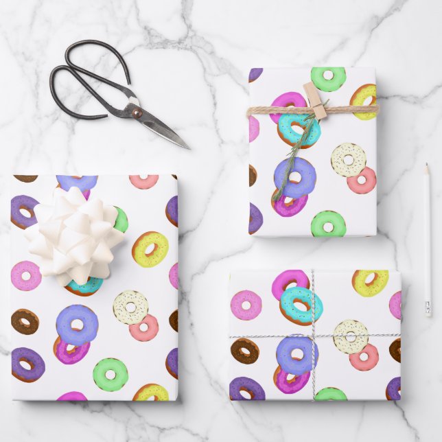 Cool fun colourful doughnuts pattern white wrapping paper sheet (Front)