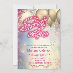 Cool fun colourful  gold balloon sparkle fireworks invitation