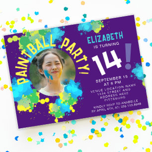Cool Fun Colourful Purple Paintball Colour Splatte Invitation