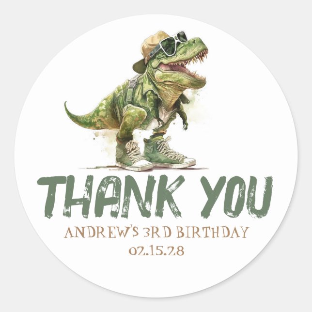 Cool Fun Dinosaur Rex Birthday Thank You Classic Round Sticker (Front)