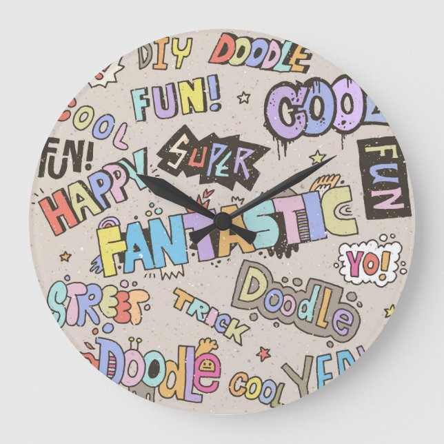 Cool Fun Doodle Lettering Vintage Large Clock (Front)