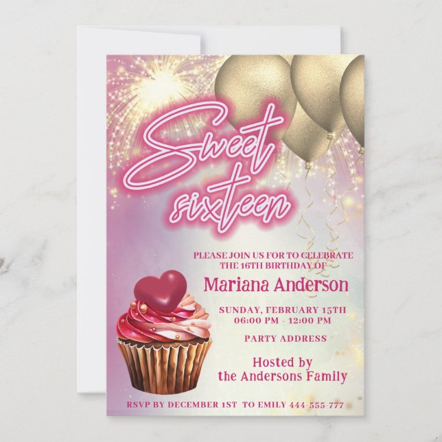 Cool fun gold balloon  sparkle fireworks cupcake invitation (Front)