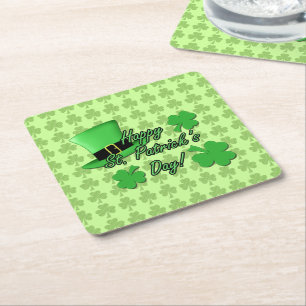 Cool fun Green top hat Shamrocks Patricks Day Square Paper Coaster