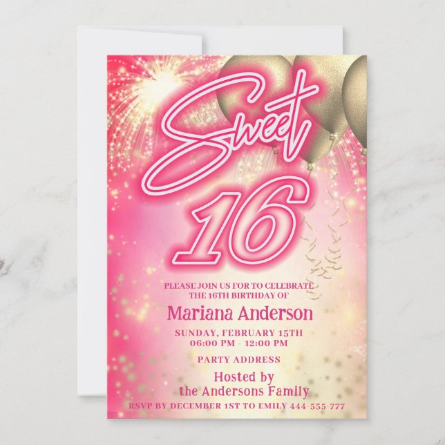 Cool fun hot pink gold balloon sparkle fireworks  invitation (Front)