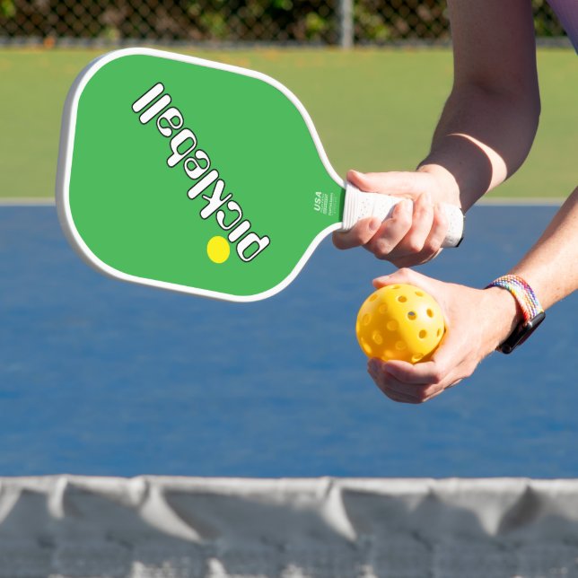 Cool Fun Mod White Diagonal Text On Bright Green Pickleball Paddle (Insitu)