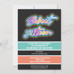 Cool fun neon typography stripes sweet 16 invitation