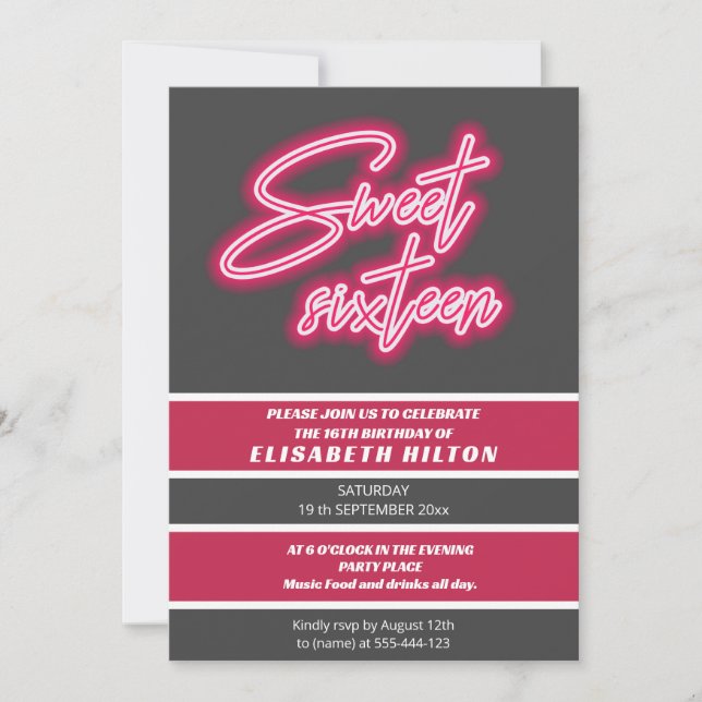 Cool fun neon typography stripes sweet 16 invitation (Front)