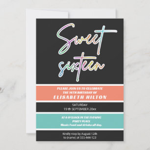 Cool fun neon typography stripes sweet 16 invitation