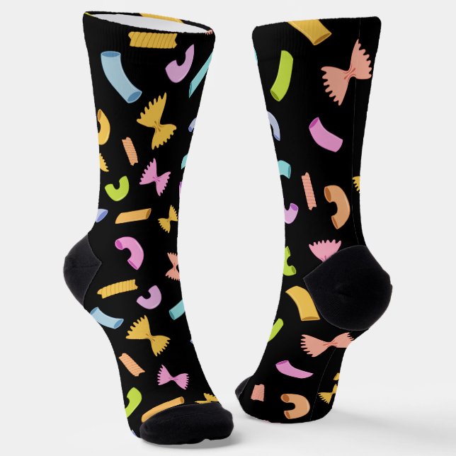 Cool fun pasta macaroni colourful pattern on black socks (Angled)