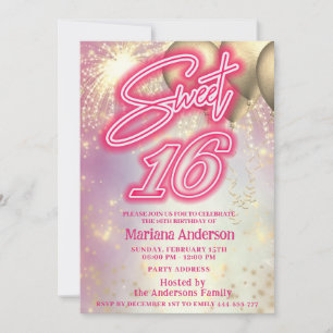 Cool fun pink gold balloon sparkle fireworks invitation