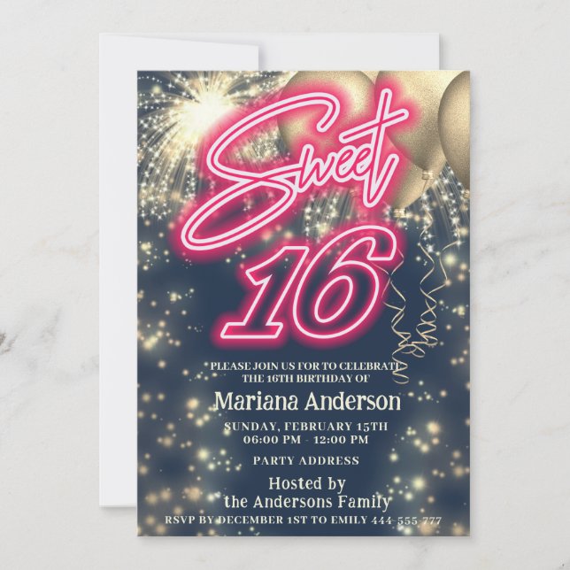 Cool fun pink neon gold balloon sparkle fireworks  invitation (Front)