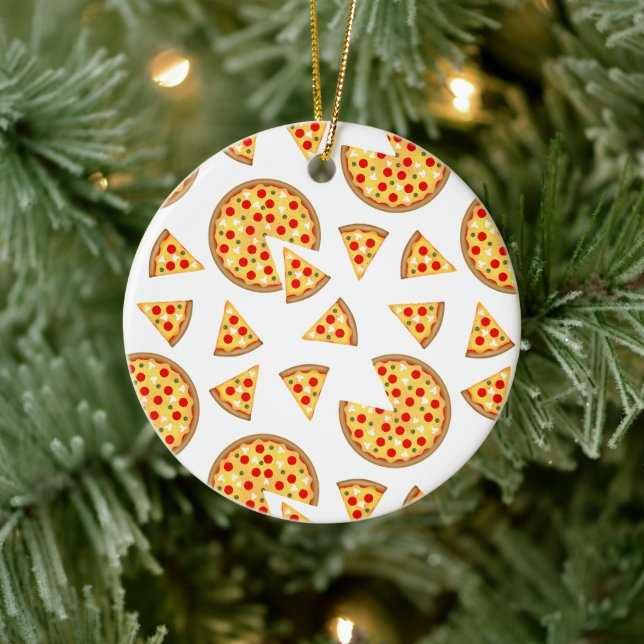 Cool fun pizza and slices pattern on white ceramic tree decoration (Tree)