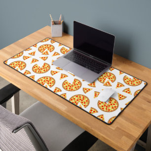 Cool fun pizza and slices pattern on white desk mat