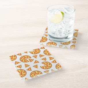 Cool fun pizza and slices pattern on white glass coaster