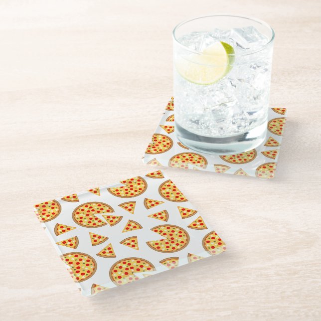Cool fun pizza and slices pattern on white glass coaster (Angled)