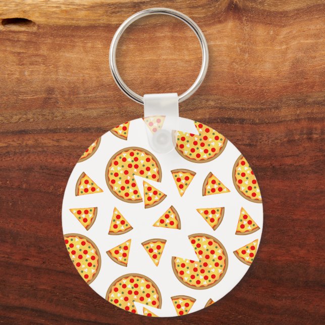 Cool fun pizza and slices pattern on white key ring (Front)