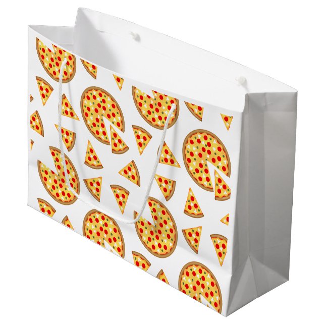 Cool fun pizza and slices pattern on white large gift bag (Front Angled)