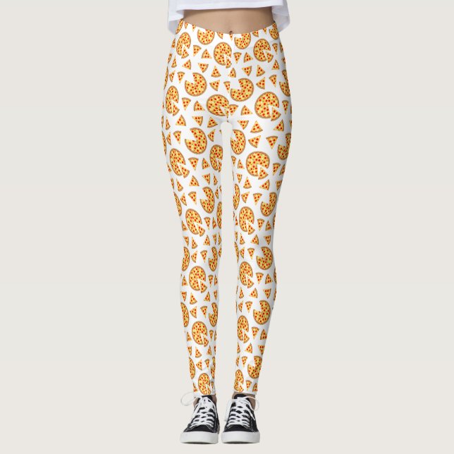 Cool fun pizza and slices pattern on white leggings (Front)