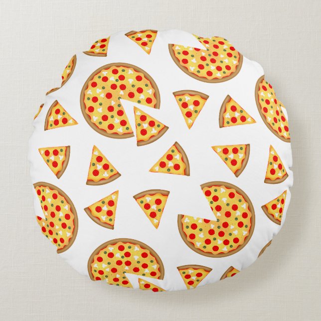 Cool fun pizza and slices pattern on white round cushion (Front)