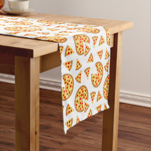 Cool fun pizza and slices pattern on white short table runner
