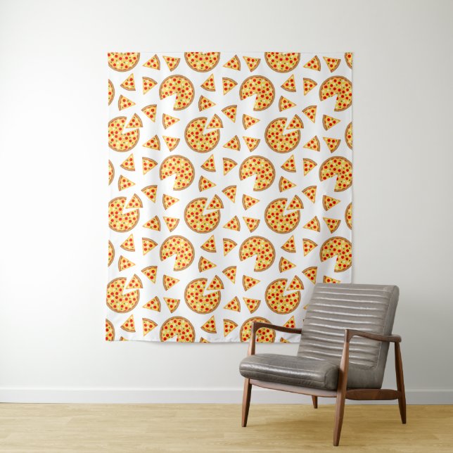 Cool fun pizza and slices pattern on white tapestry (In Situ)