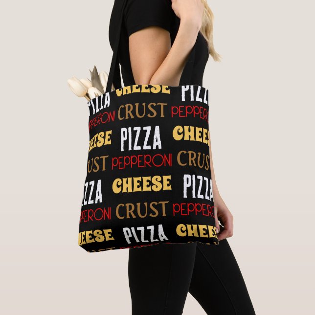 Cool fun pizza pepperoni cheese crust text pattern tote bag (Close Up)