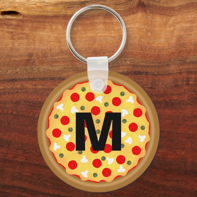 Cool fun pizza pepperoni mushroom Custom Monogram Key Ring (Front)