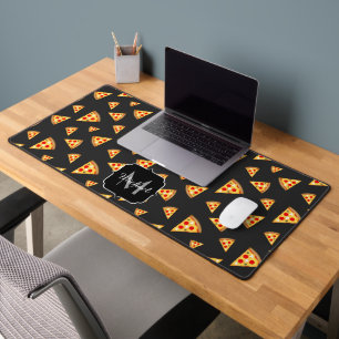 Cool fun pizza slices pattern dark grey Monogram Desk Mat