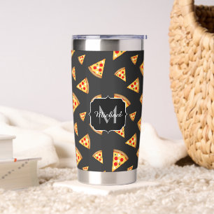 Cool fun pizza slices pattern dark grey Monogram Insulated Tumbler