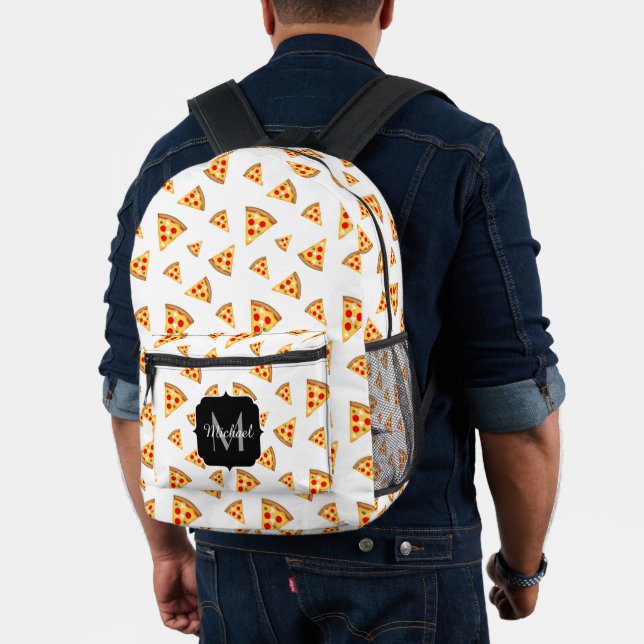 Cool fun pizza slices pattern white Monogram black Printed Backpack (Insitu (Model))