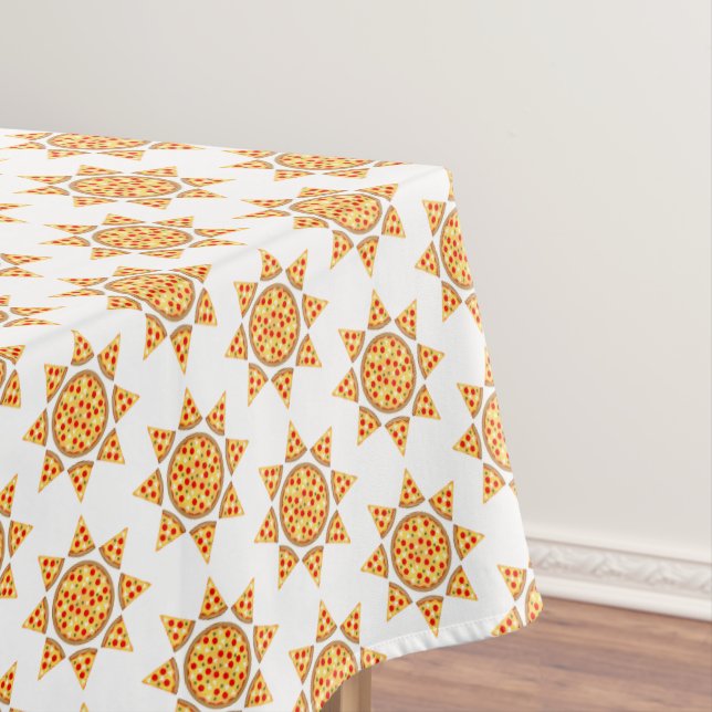 Cool fun pizza slices sun pattern on white tablecloth (In Situ)