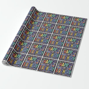 Cool Fun Planets and Stars Happy Birthday Abstract Wrapping Paper