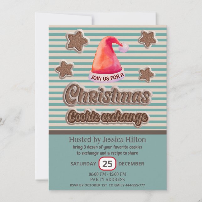 Cool fun retro santa hat cookie exchange party  invitation (Front)