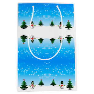 Cool fun Snowman Sparkly Christmas Trees blue Medium Gift Bag