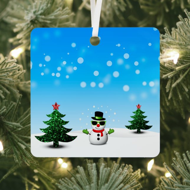 Cool fun Snowman Sparkly Christmas Trees blue Metal Tree Decoration (Insitu)