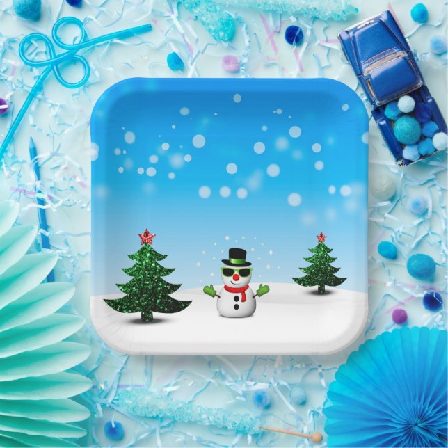 Cool fun Snowman Sparkly Christmas Trees blue Paper Plate (Party)