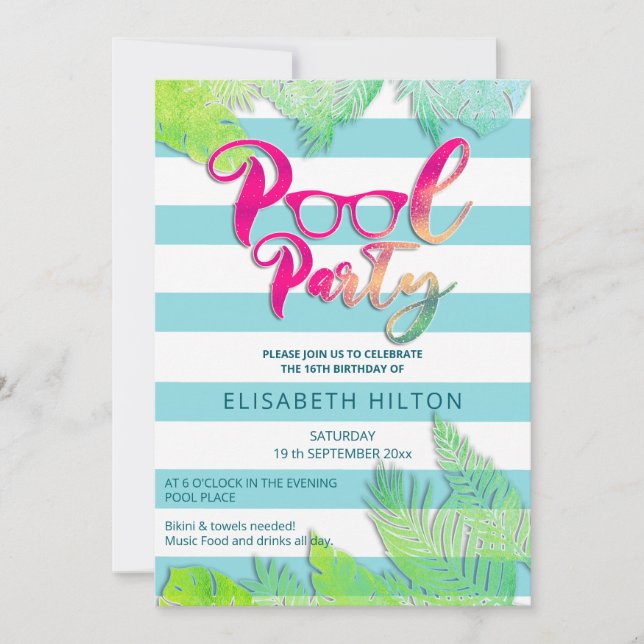 Cool fun summer script pool party birthday  invitation (Front)